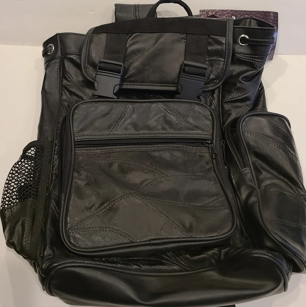 NWT Diamond plate Buffalo leather  backpack patches black color